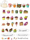 Illustration of delicious beautiful doodle-style cakes.